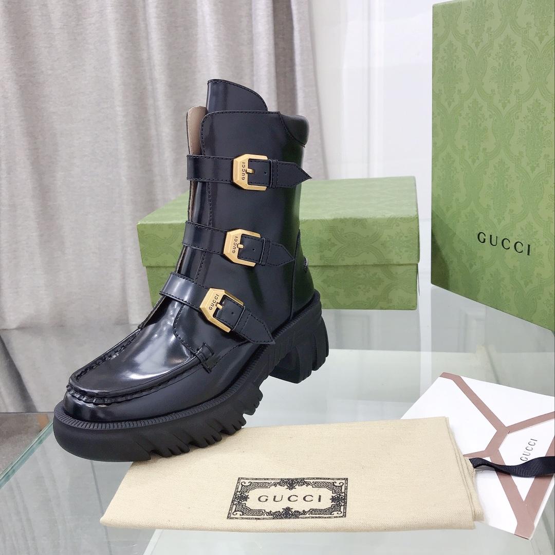 Gucci Women's Black Leather Ankle Boots - FashionPlug