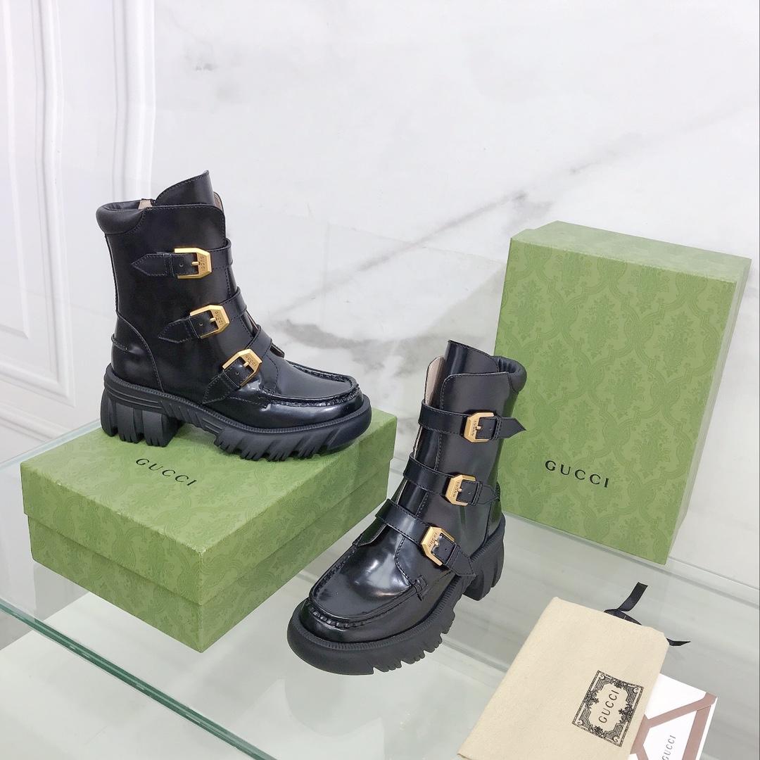 Gucci Women's Black Leather Ankle Boots - FashionPlug