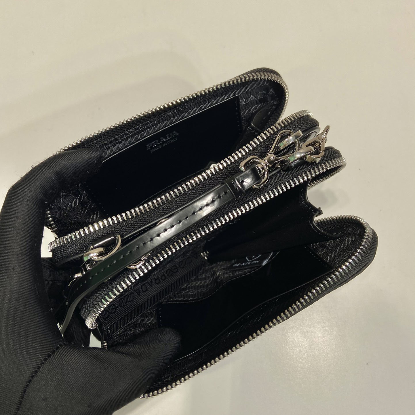 Prada Embellished Satin And Leather Mini-Pouch - FashionPlug