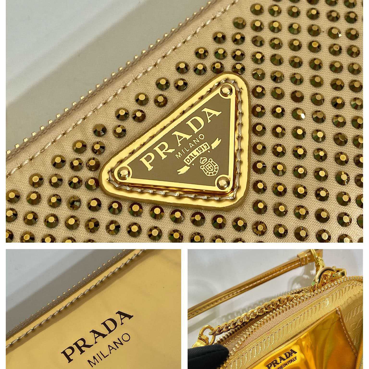 Prada Embellished Satin And Leather Mini-Pouch - FashionPlug