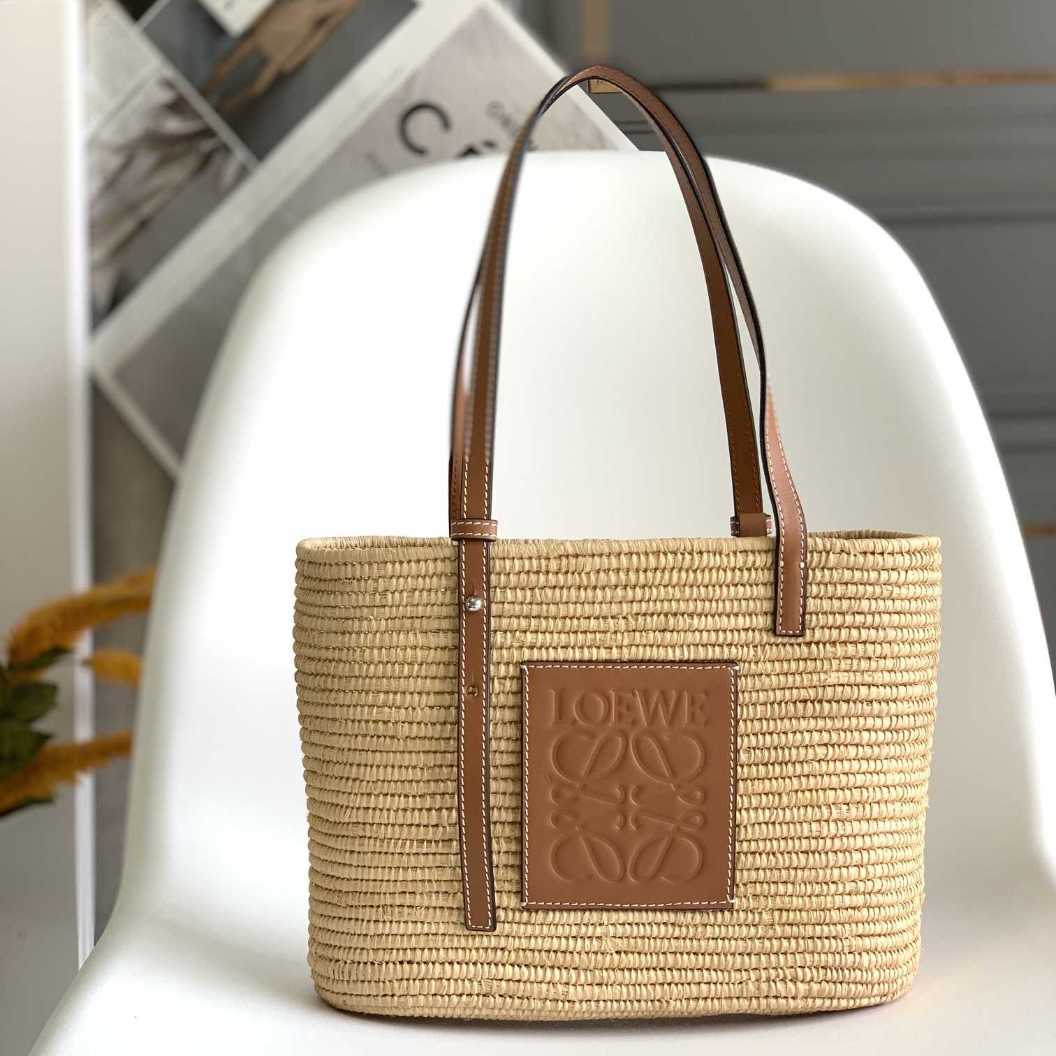 Loewe Small Square Basket bag In Raffia And Calfskin (30*21*11cm) - FashionPlug