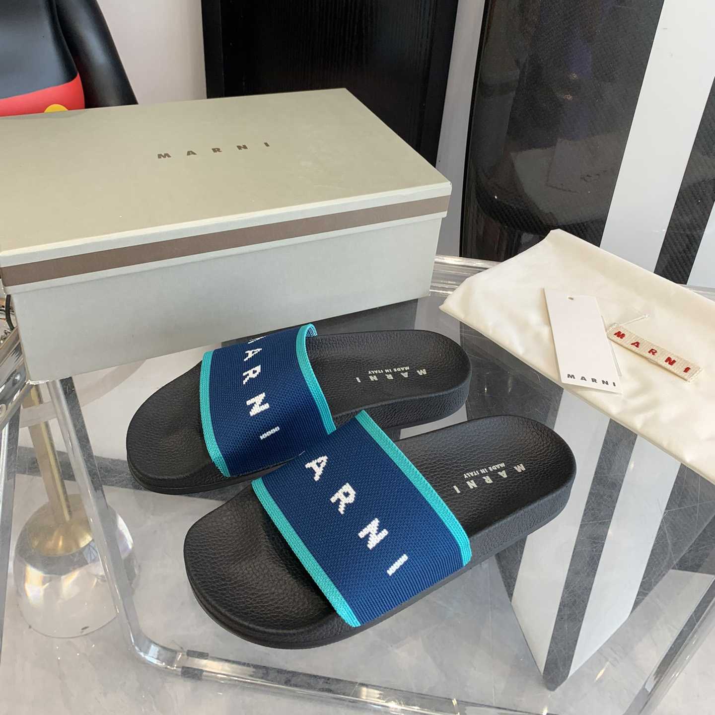 Marni Blue Logo Jacquard Rubber Slide - FashionPlug