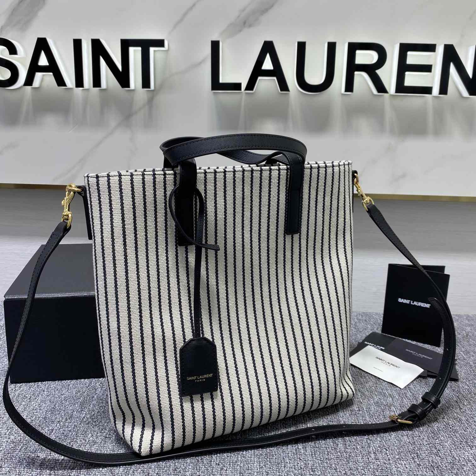 Saint Laurent Shopping Toy Striped Canvas Tote (25x28x8cm) - FashionPlug