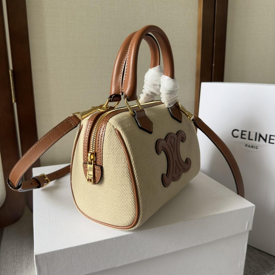 Celine Small Boston Cuir Triomphe In Textile And Calfskin Natural/Tan - FashionPlug