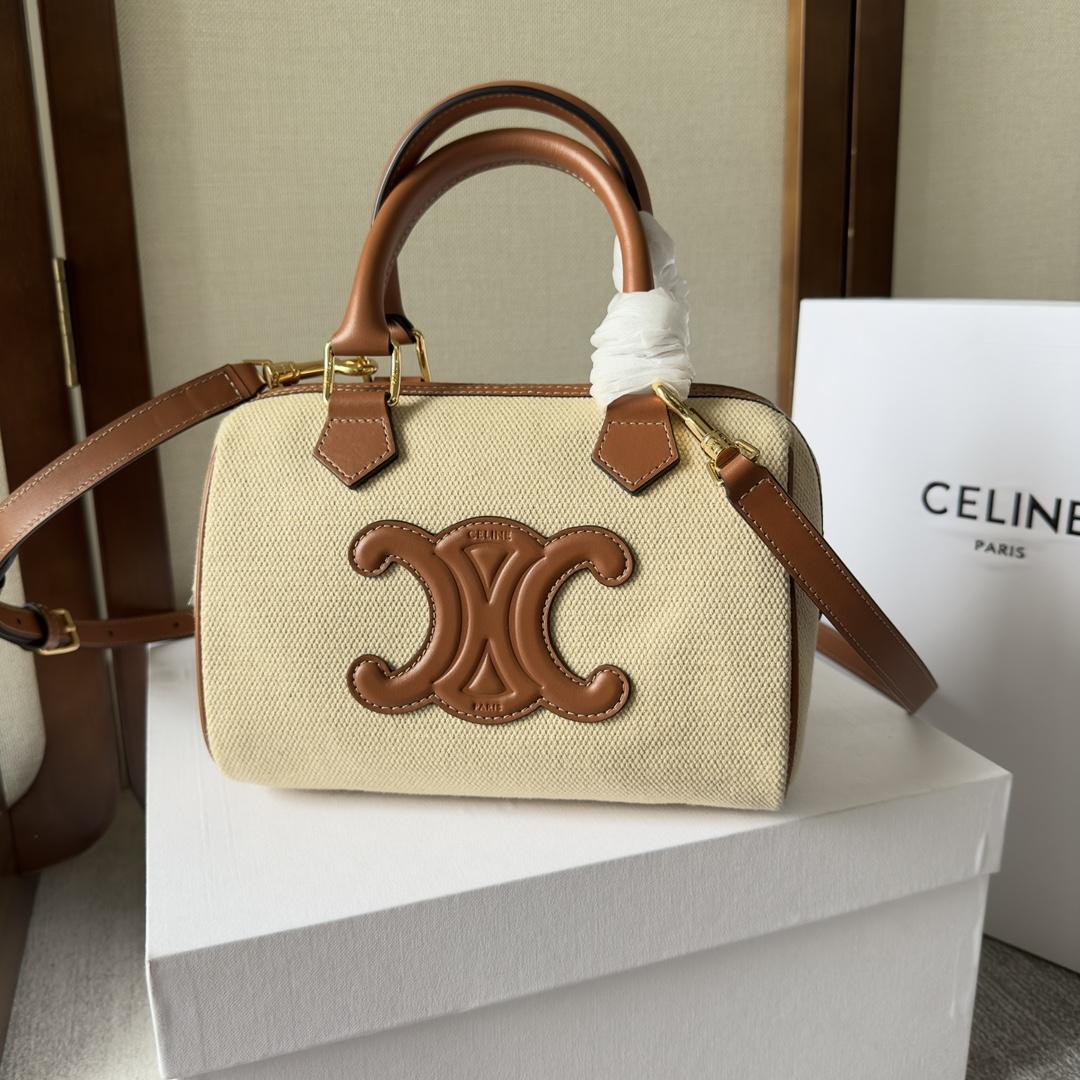 Celine Small Boston Cuir Triomphe In Textile And Calfskin Natural/Tan - FashionPlug