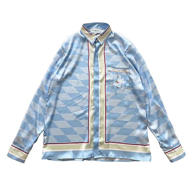 Casablanca Damiers Et Cygne Bleu Silk Shirt In Azzurro - FashionPlug