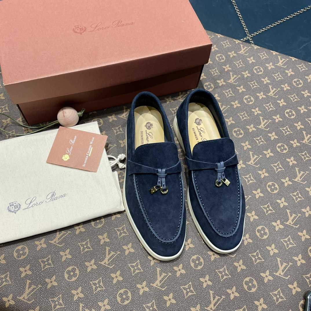 Loro Piana Summer Charms Walk Suede Loafers In Caviar - FashionPlug