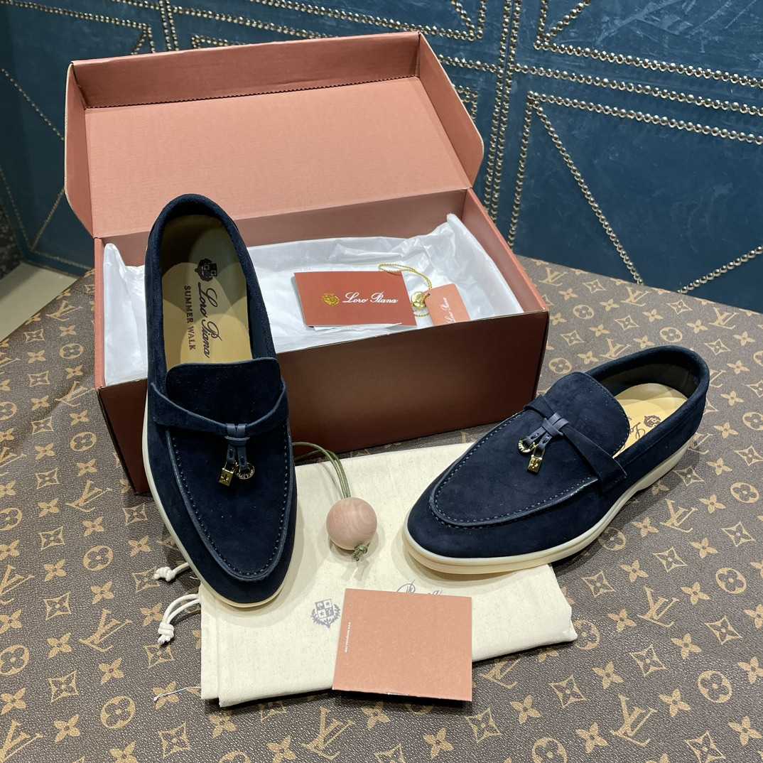 Loro Piana Summer Charms Walk Suede Loafers In Caviar - FashionPlug