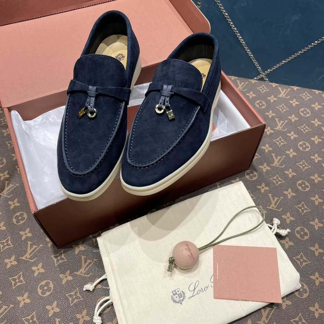 Loro Piana Summer Charms Walk Suede Loafers In Caviar - FashionPlug