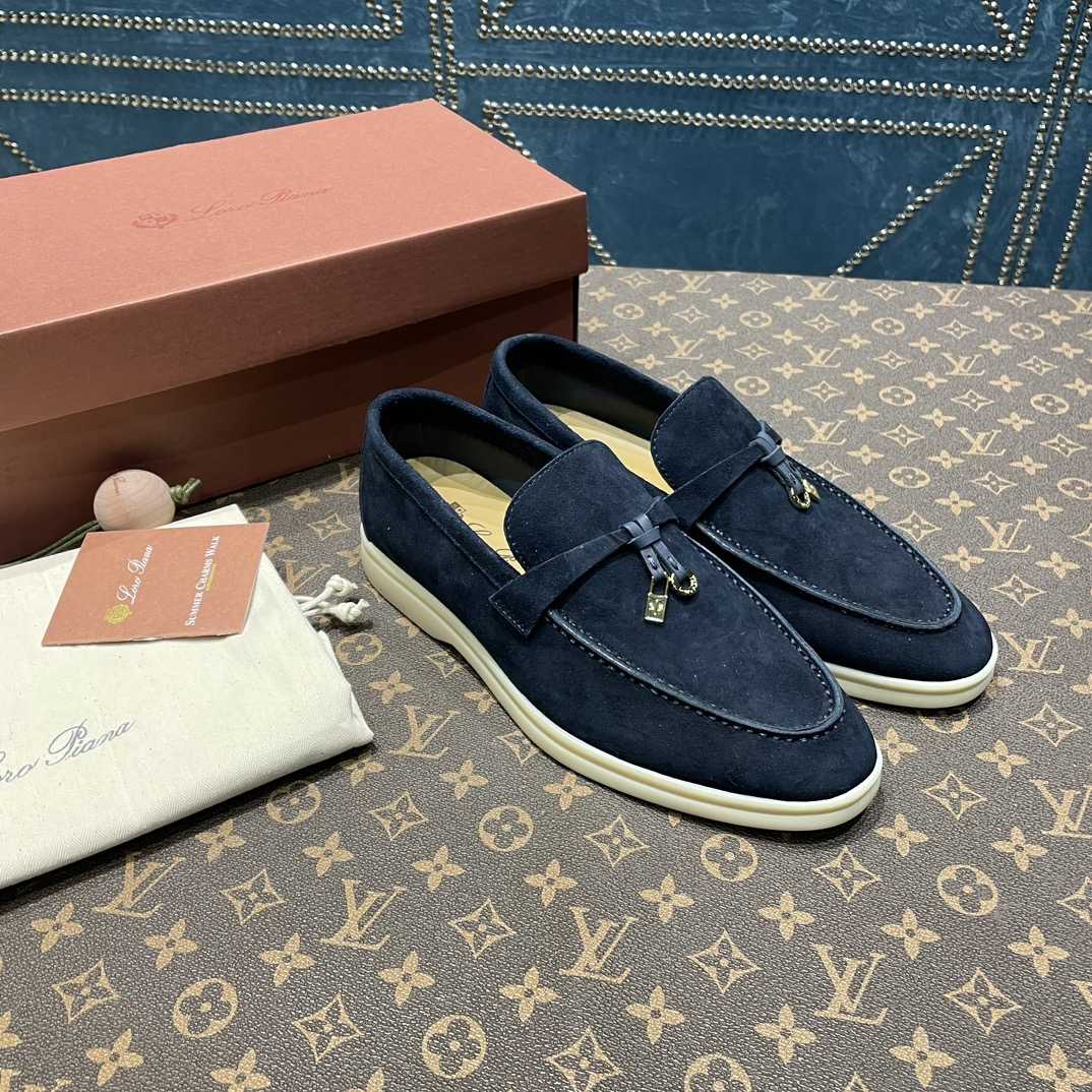 Loro Piana Summer Charms Walk Suede Loafers In Caviar - FashionPlug