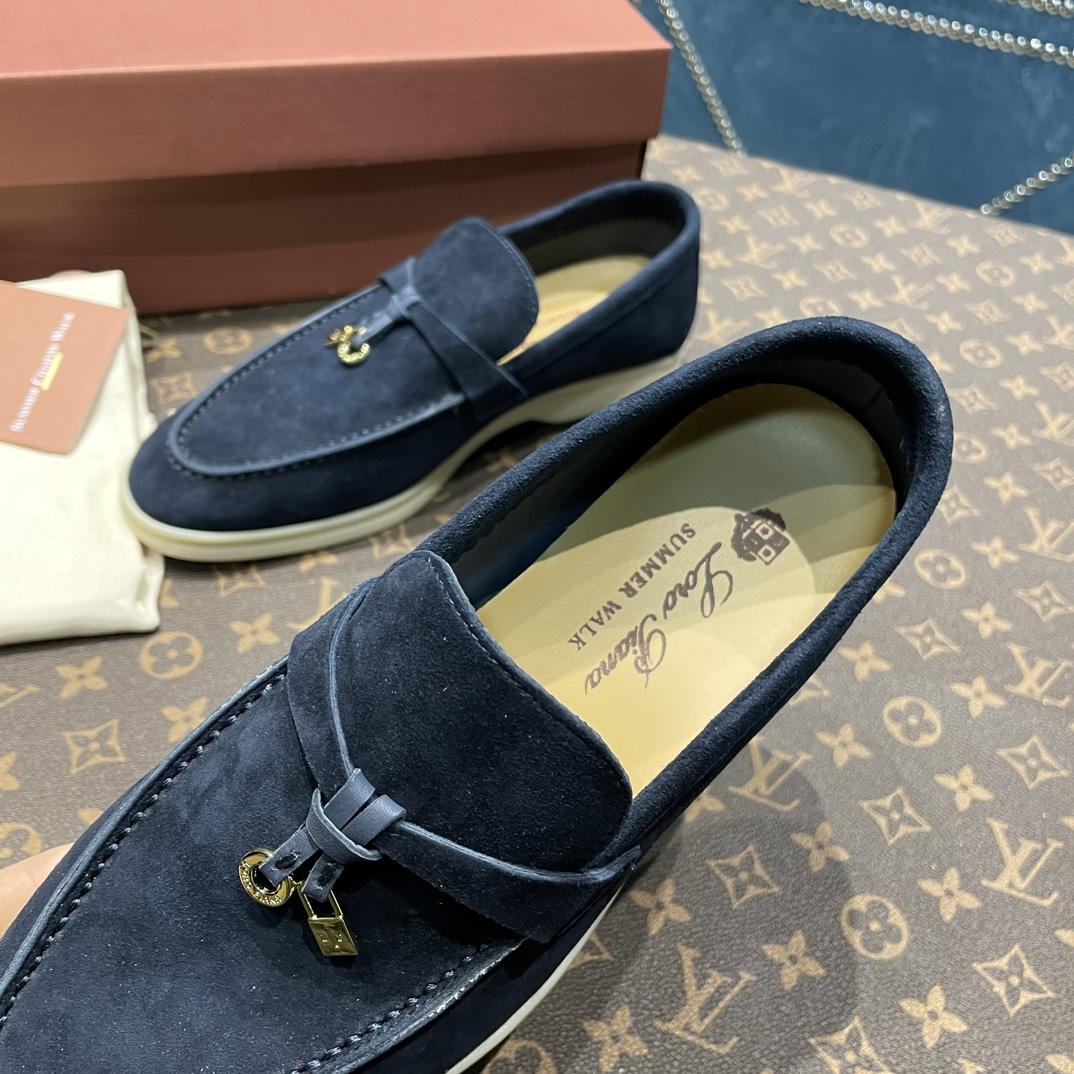 Loro Piana Summer Charms Walk Suede Loafers In Caviar - FashionPlug