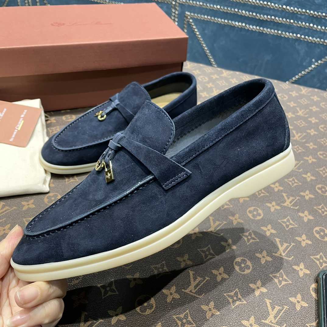 Loro Piana Summer Charms Walk Suede Loafers In Caviar - FashionPlug