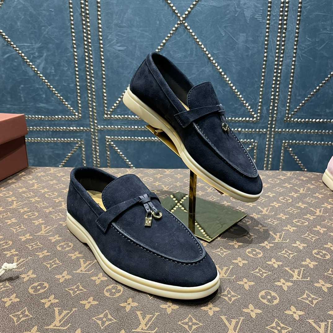 Loro Piana Summer Charms Walk Suede Loafers In Caviar - FashionPlug