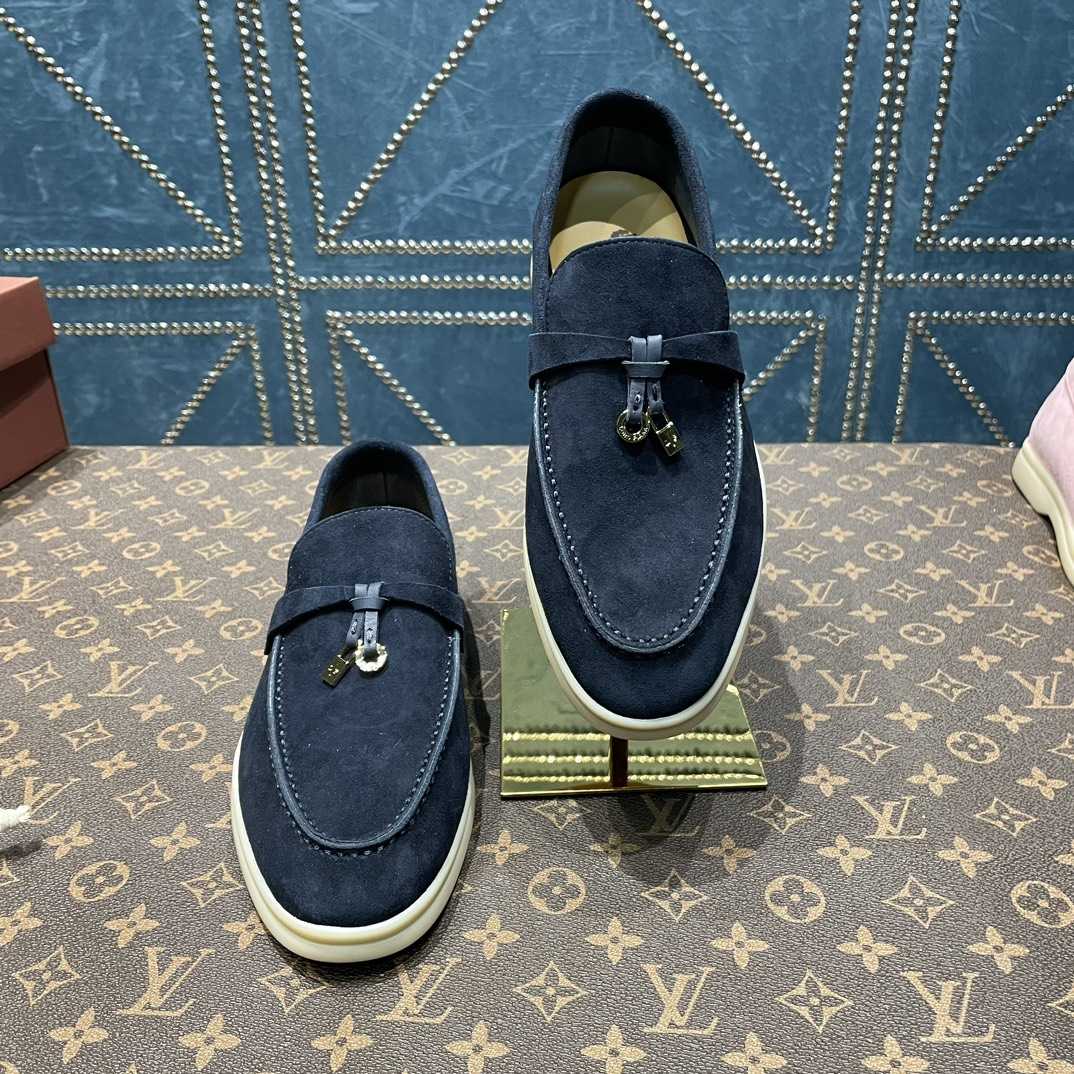 Loro Piana Summer Charms Walk Suede Loafers In Caviar - FashionPlug
