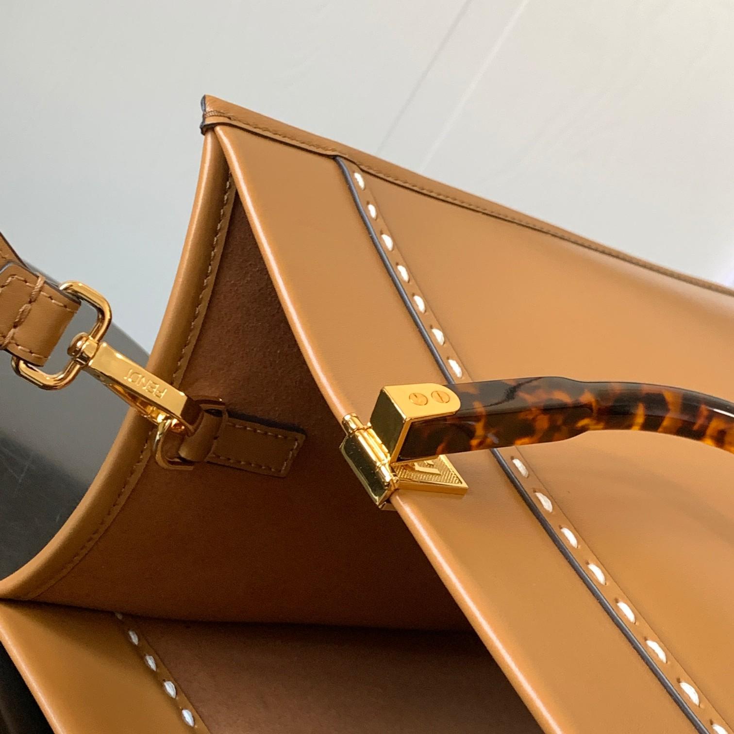 Fendi Sunshine Medium Light Brown Leather And Elaphe Shopper Bag - FashionPlug