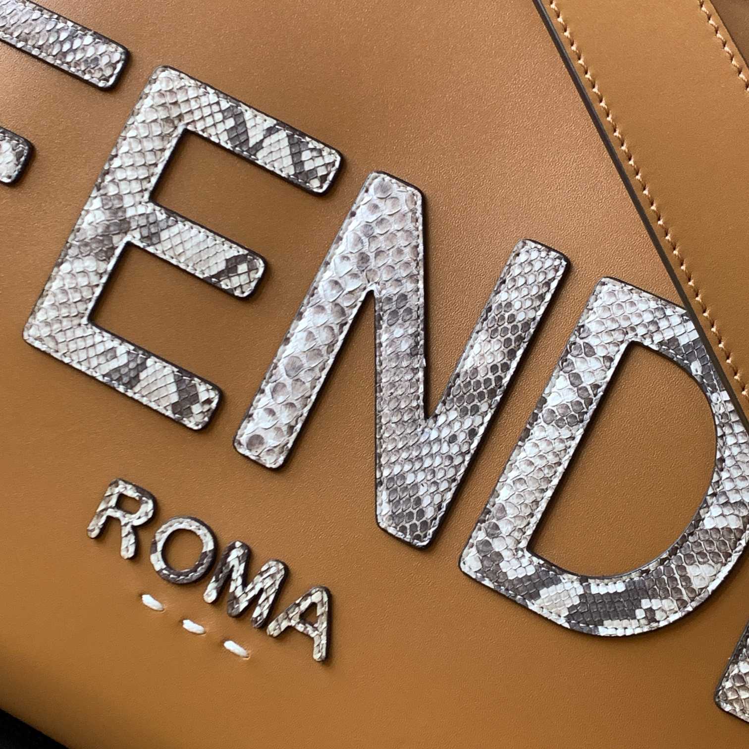 Fendi Sunshine Medium Light Brown Leather And Elaphe Shopper Bag - FashionPlug