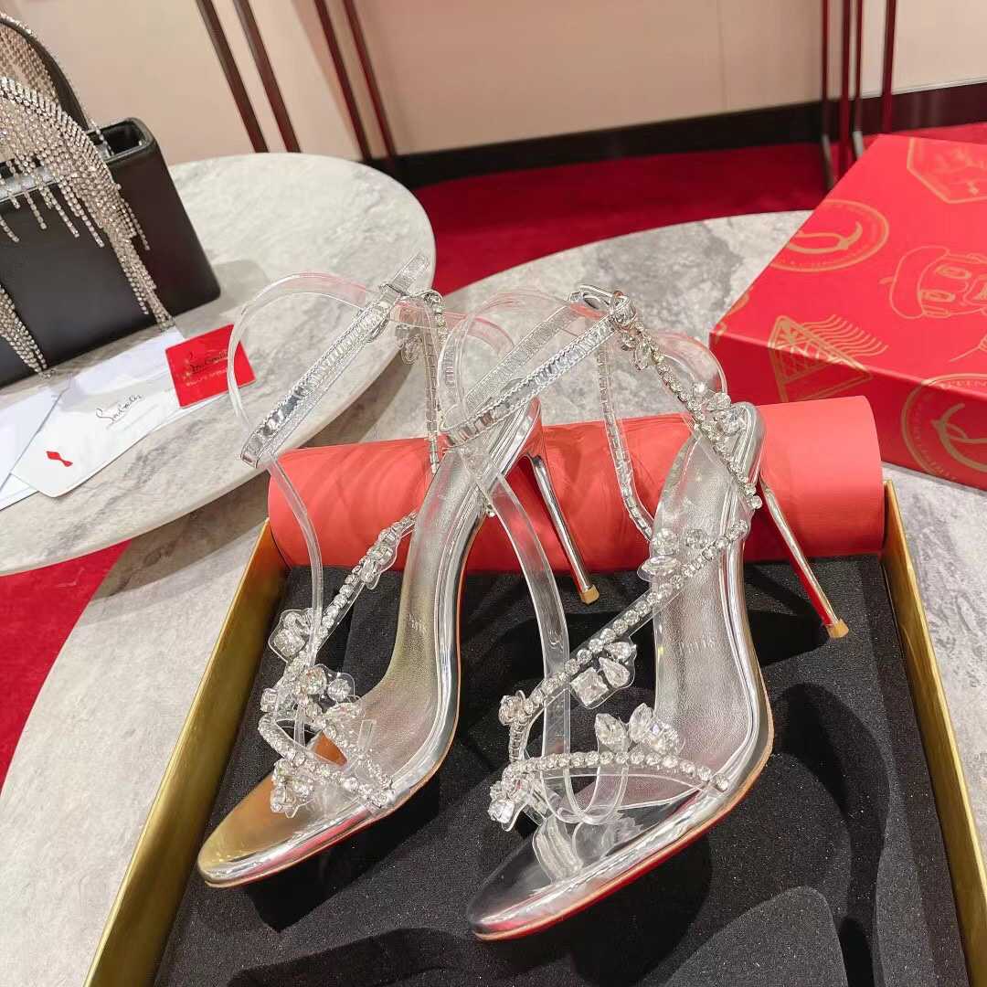 Christian Louboutin Joli Queen 100 Crystal-Embellished Ankle-Strap Sandlas - FashionPlug
