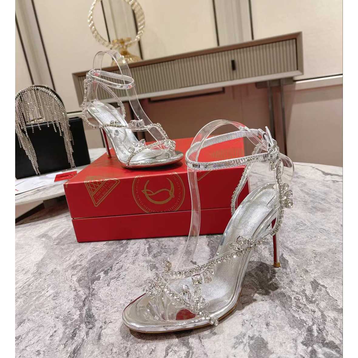 Christian Louboutin Joli Queen 100 Crystal-Embellished Ankle-Strap Sandlas - FashionPlug