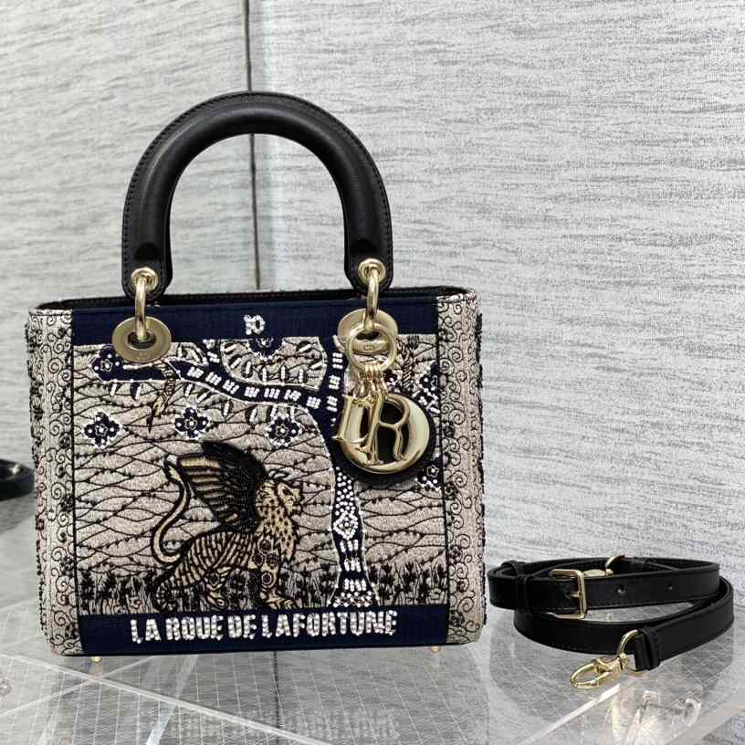Dior Embroidered La Roue La Fortune Tarot Medium Lady Dior Blue - FashionPlug