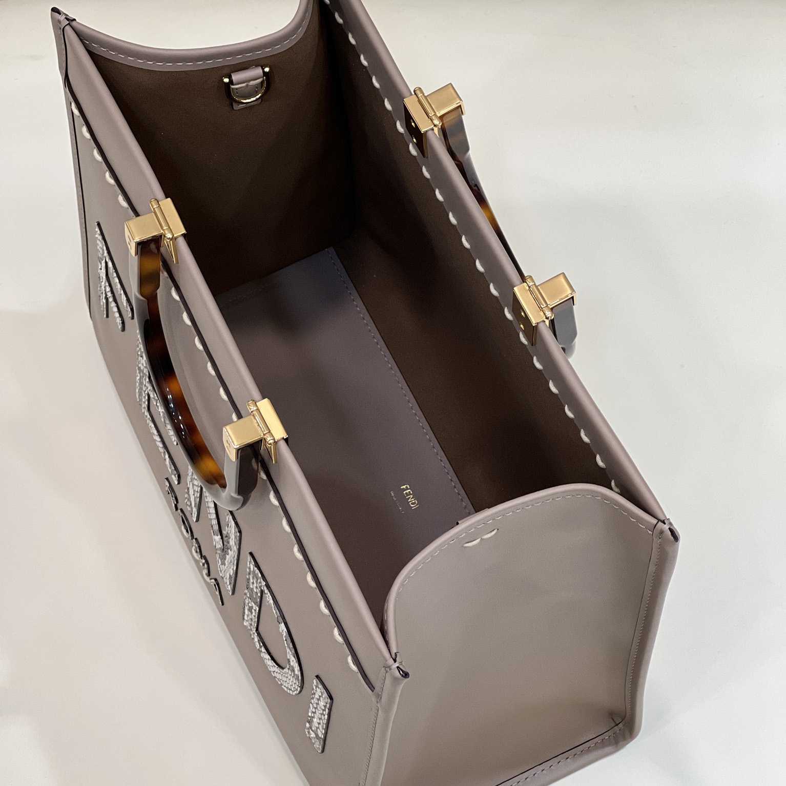 Fendi Sunshine Medium Beige Leather And Elaphe Shopper - FashionPlug