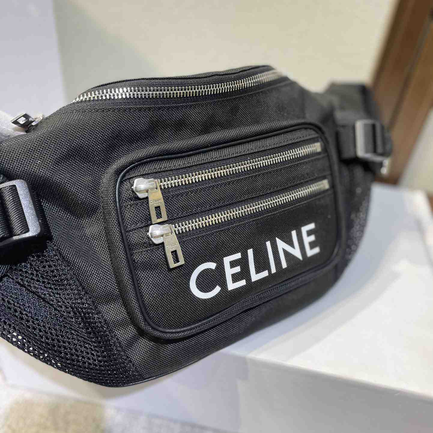 Celine Large Zipped Belt Bag Trekking In Nylon With Celine Print Black - FashionPlug