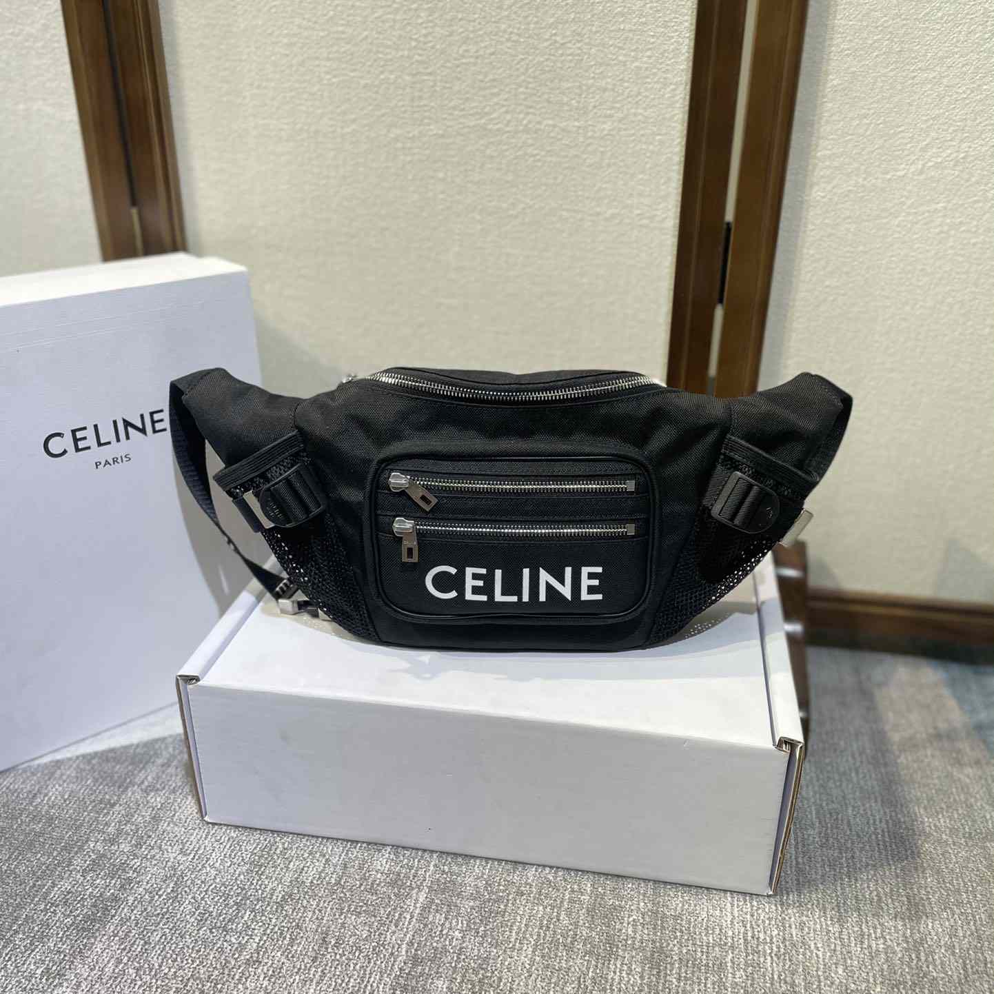 Celine Large Zipped Belt Bag Trekking In Nylon With Celine Print Black - FashionPlug