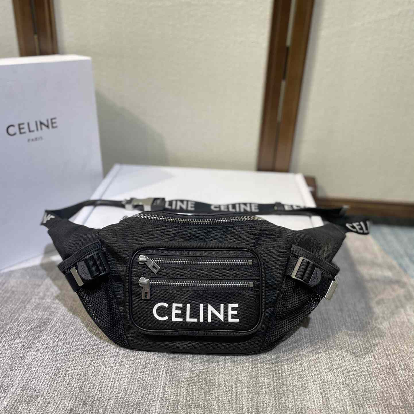 Celine Large Zipped Belt Bag Trekking In Nylon With Celine Print Black - FashionPlug