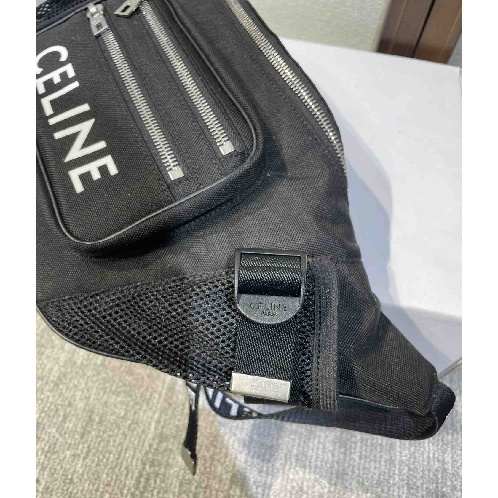 Celine Large Zipped Belt Bag Trekking In Nylon With Celine Print Black - FashionPlug