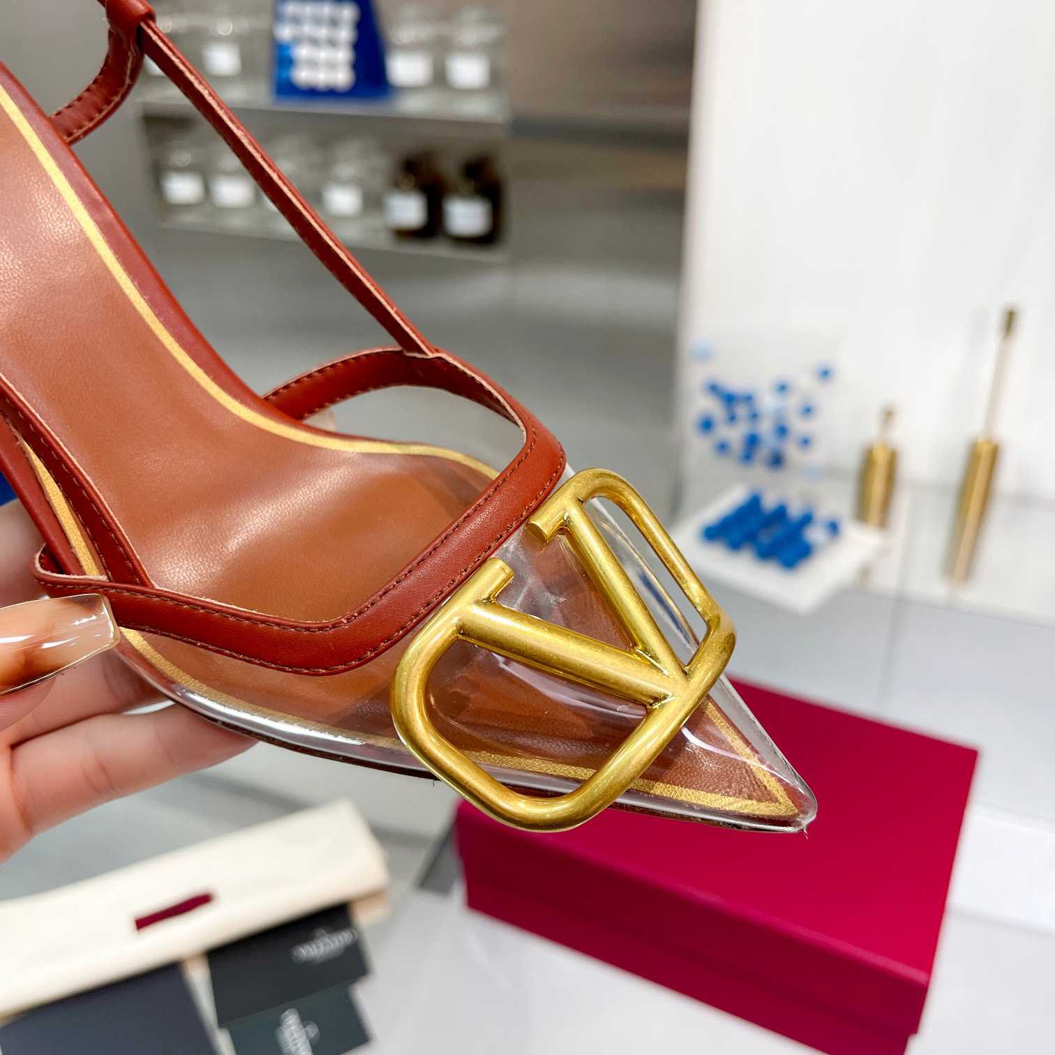 Valenti VLogo Signature Slingback Pump In Transparent Polymer Material  80MM - FashionPlug