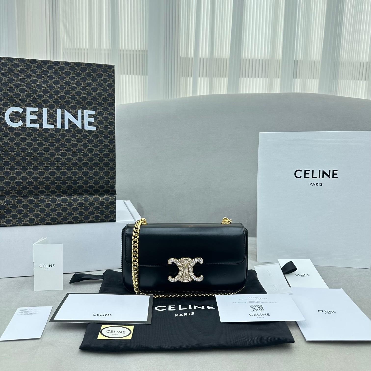 Celine Chain Shoulder Bag Triomphe With Strass Closure In Shiny Calfskin  - FashionPlug