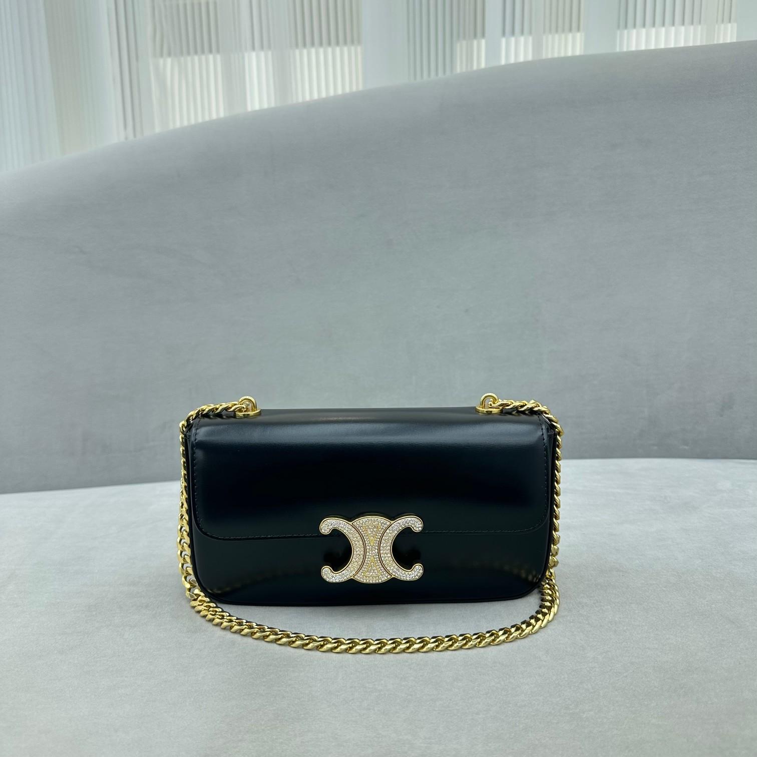 Celine Chain Shoulder Bag Triomphe With Strass Closure In Shiny Calfskin  - FashionPlug