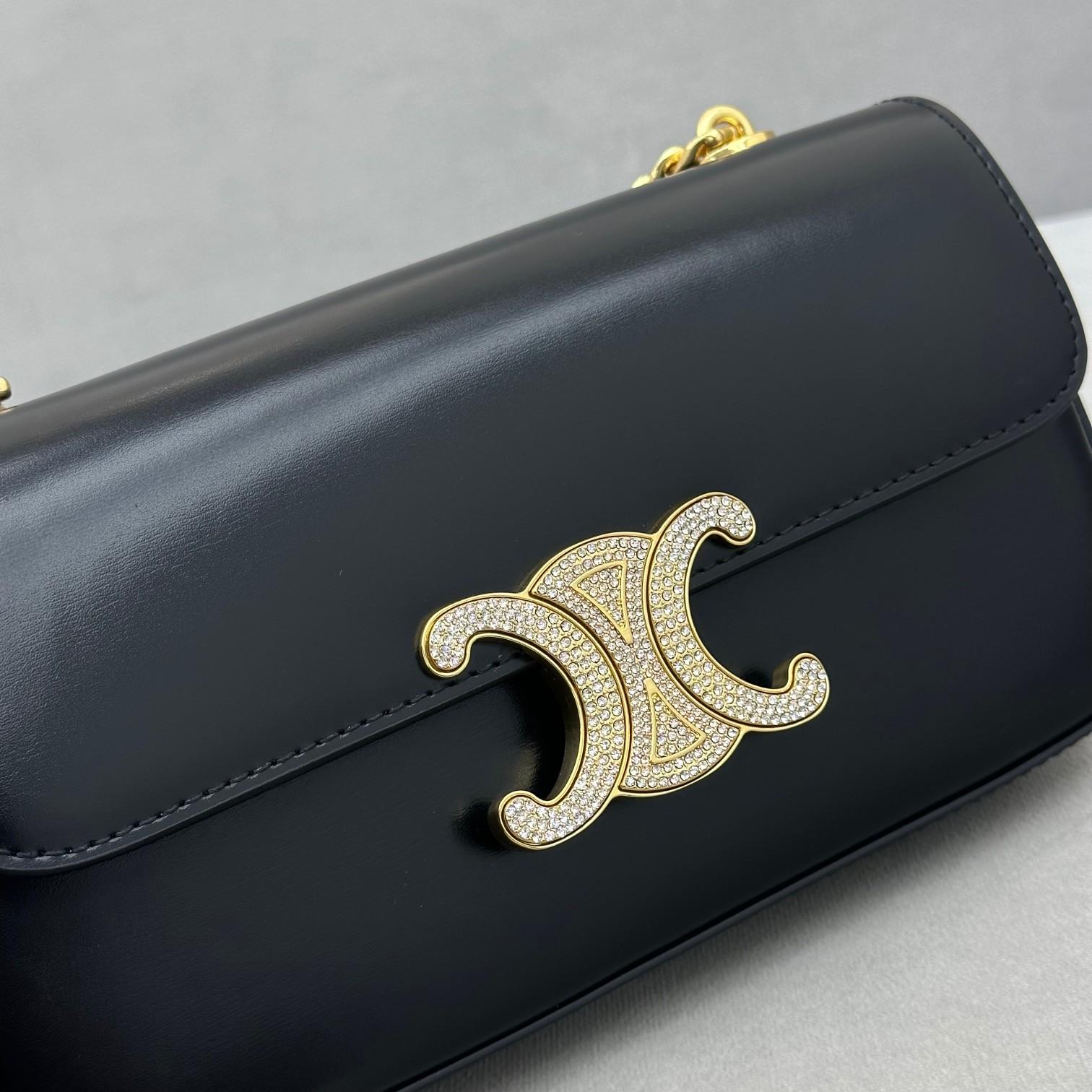 Celine Chain Shoulder Bag Triomphe With Strass Closure In Shiny Calfskin  - FashionPlug