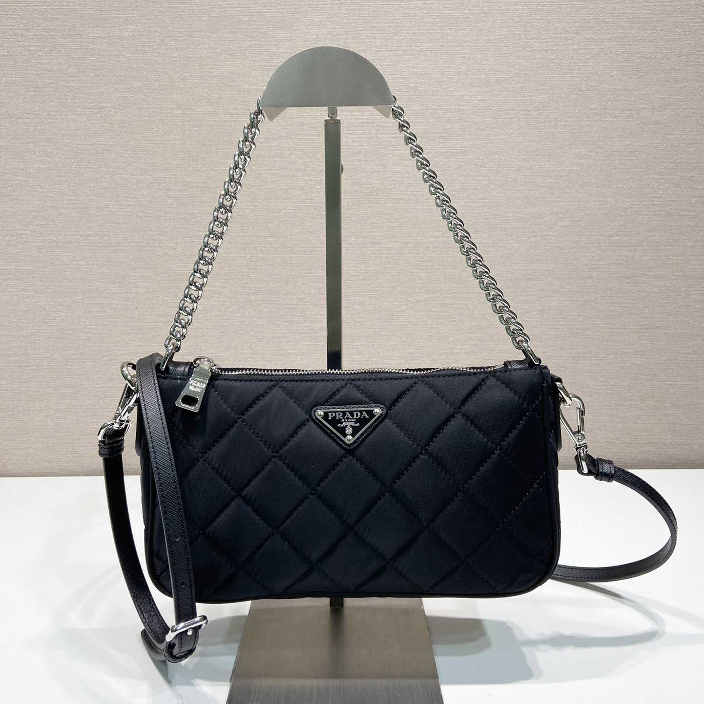 Prada Tessuto Nylon Quilted Chain Convertible Crossbody Bag - FashionPlug
