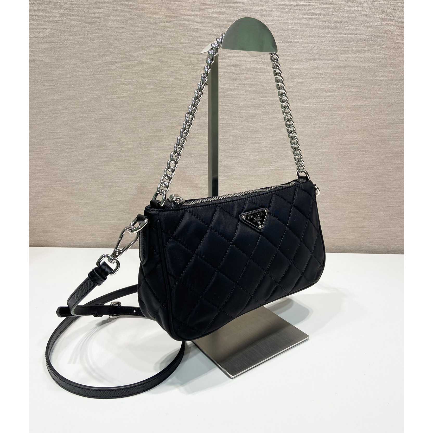 Prada Tessuto Nylon Quilted Chain Convertible Crossbody Bag - FashionPlug