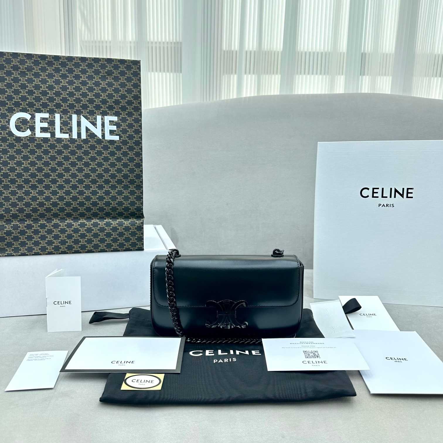 Celine Chain Shoulder Bag Triomphe In Shiny Calfskin - FashionPlug