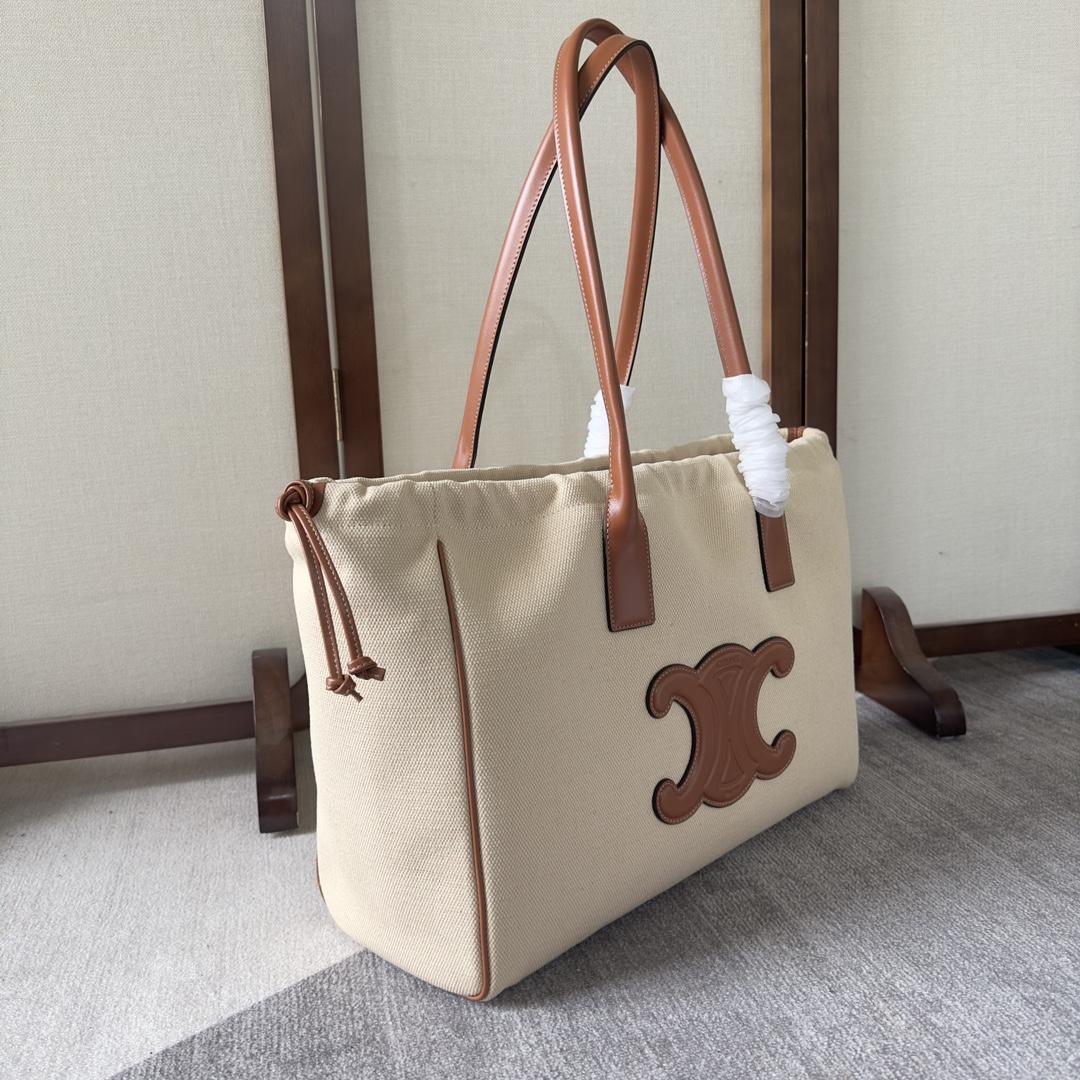 Celine Cabas Drawstring Cuir Triomphe In Textile And Calfskin Natural / Tan - FashionPlug