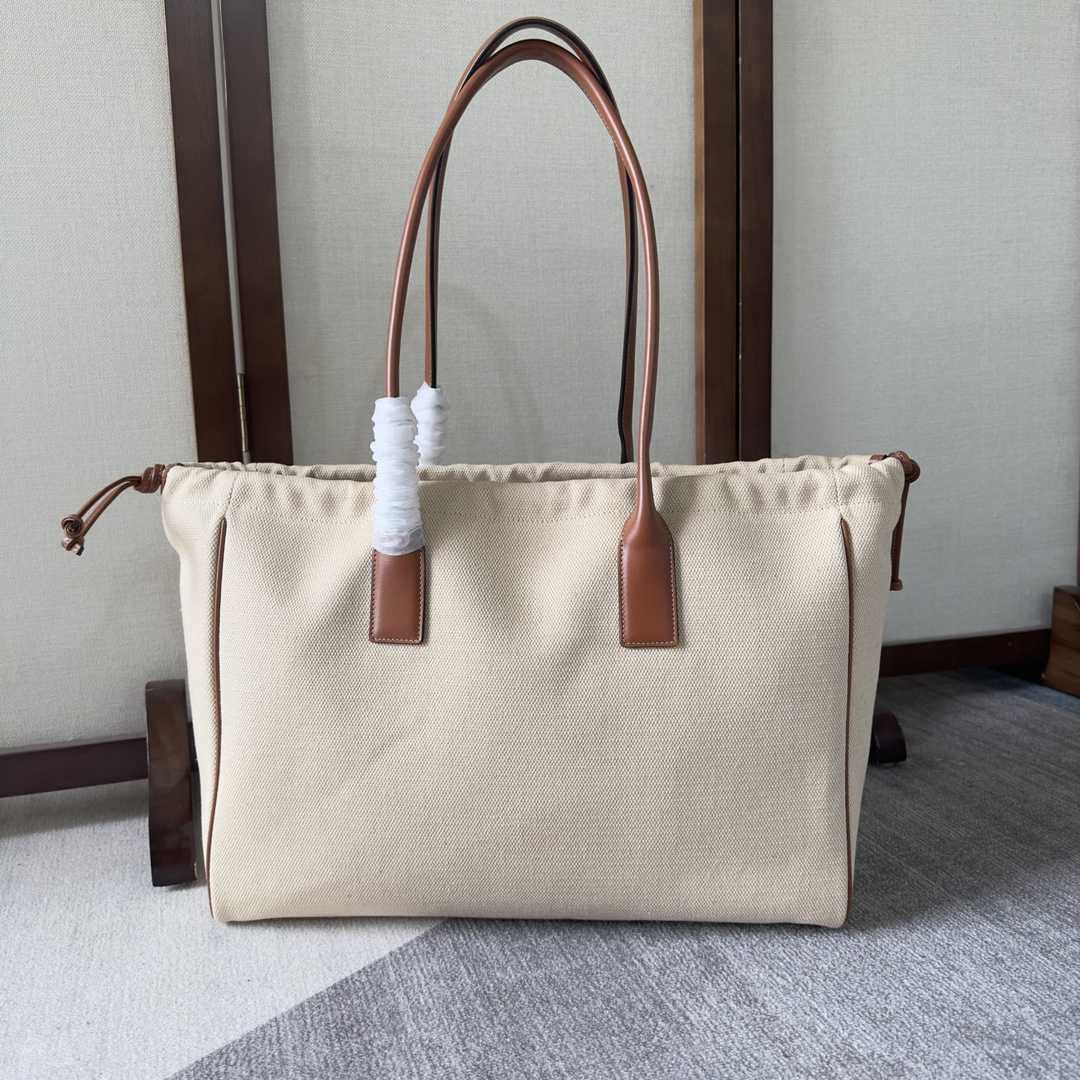 Celine Cabas Drawstring Cuir Triomphe In Textile And Calfskin Natural / Tan - FashionPlug