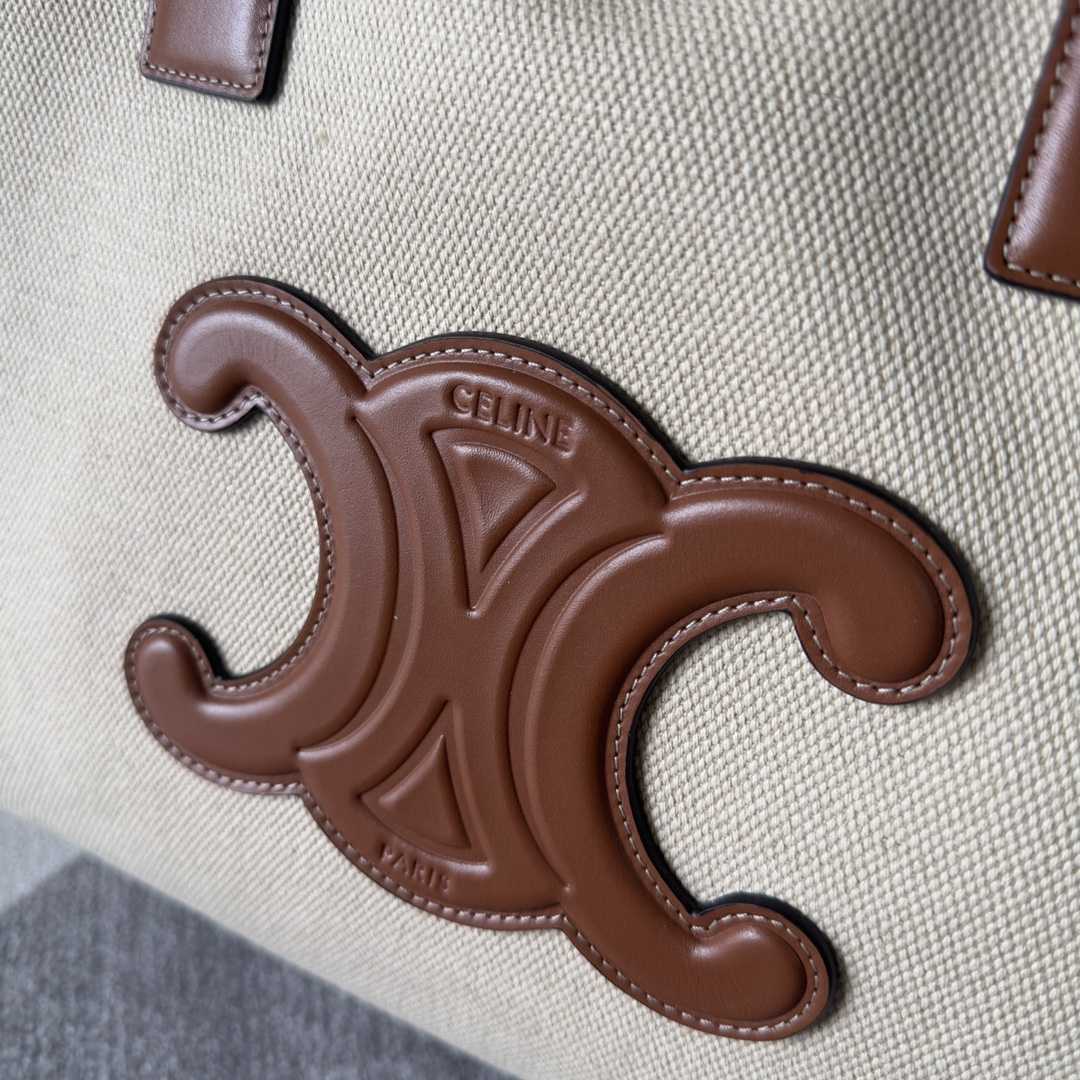 Celine Cabas Drawstring Cuir Triomphe In Textile And Calfskin Natural / Tan - FashionPlug