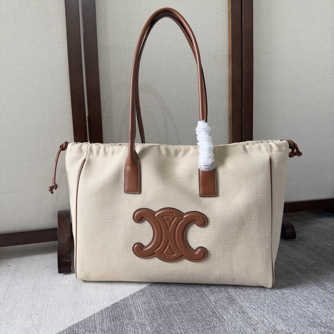 Celine Cabas Drawstring Cuir Triomphe In Textile And Calfskin Natural / Tan - FashionPlug