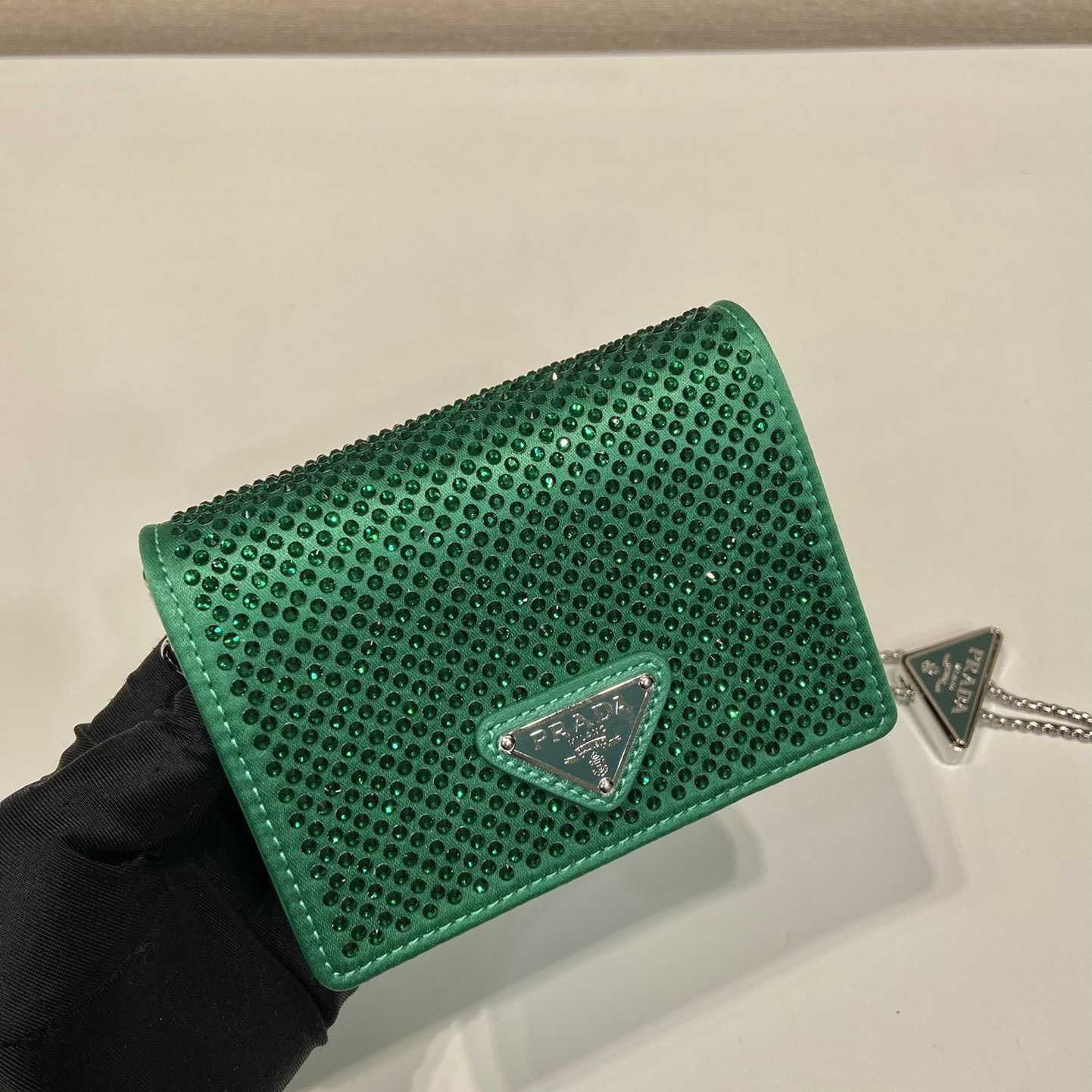 Prada Cardholder With Shoulder Strap And Crystals - FashionPlug