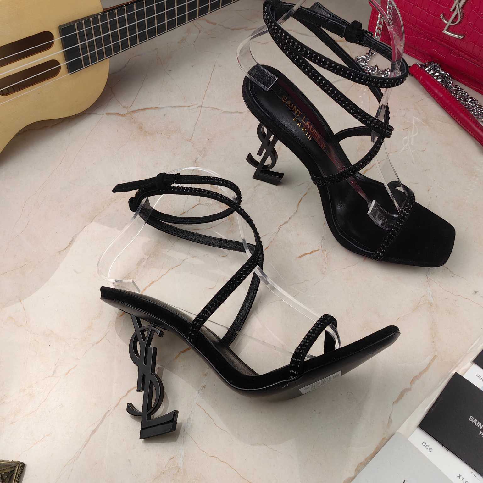 Saint Laurent Opyum Sandals In Crepe Satin And Rhinestones  - FashionPlug