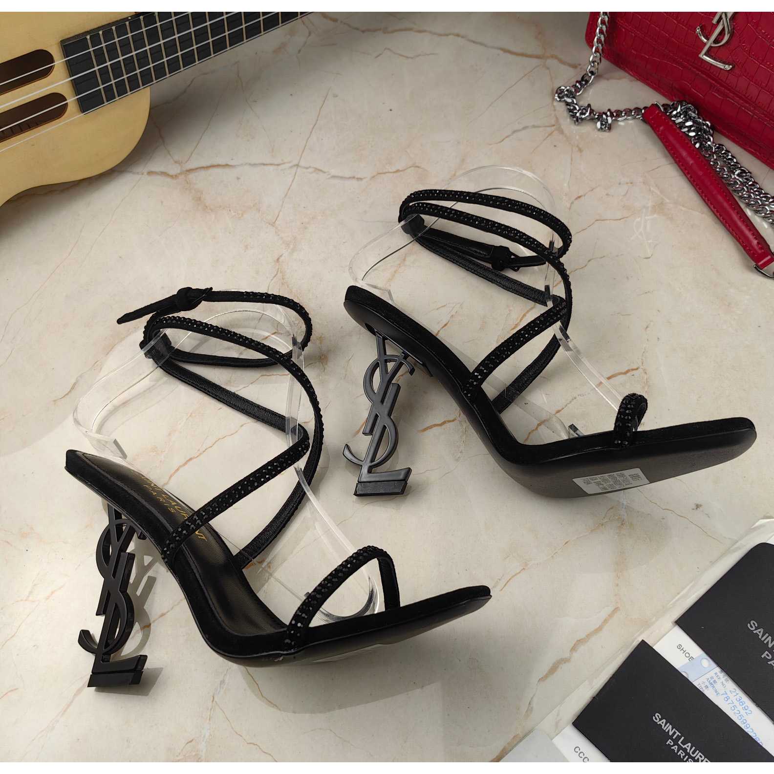 Saint Laurent Opyum Sandals In Crepe Satin And Rhinestones  - FashionPlug