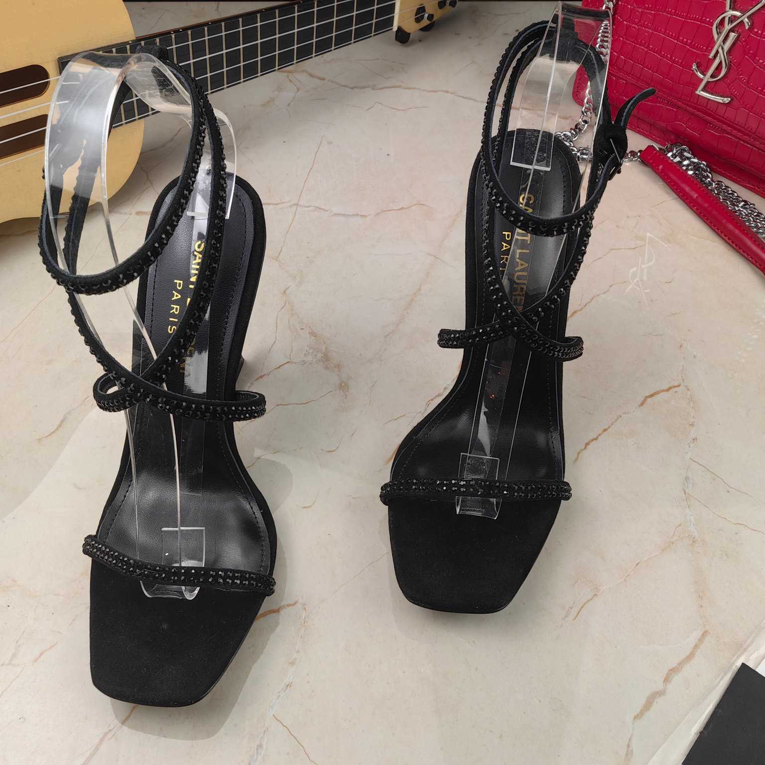 Saint Laurent Opyum Sandals In Crepe Satin And Rhinestones  - FashionPlug