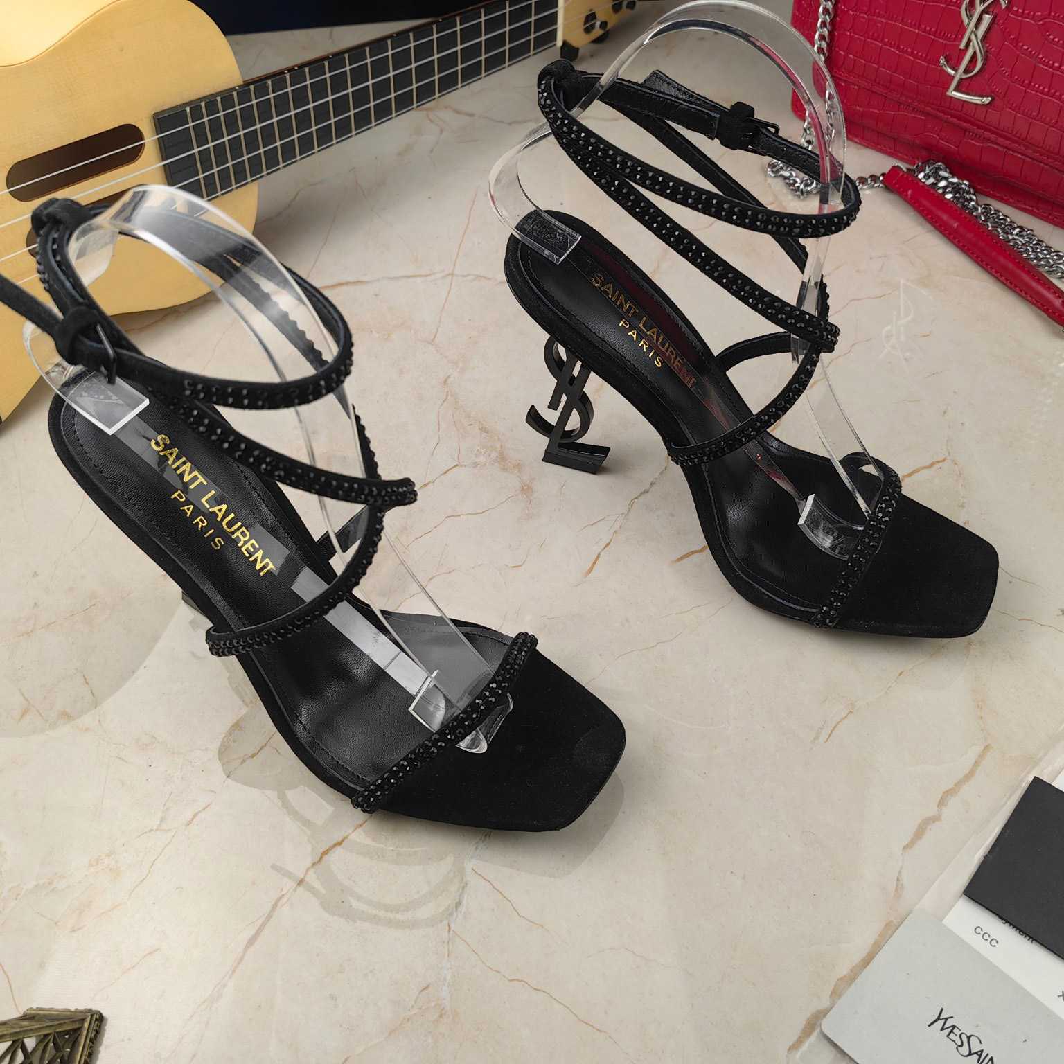 Saint Laurent Opyum Sandals In Crepe Satin And Rhinestones  - FashionPlug
