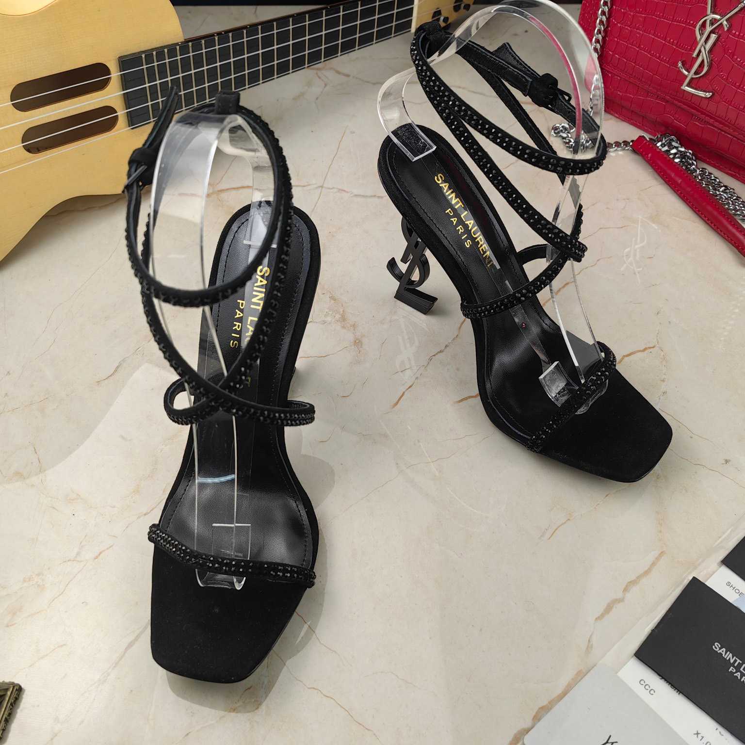 Saint Laurent Opyum Sandals In Crepe Satin And Rhinestones  - FashionPlug