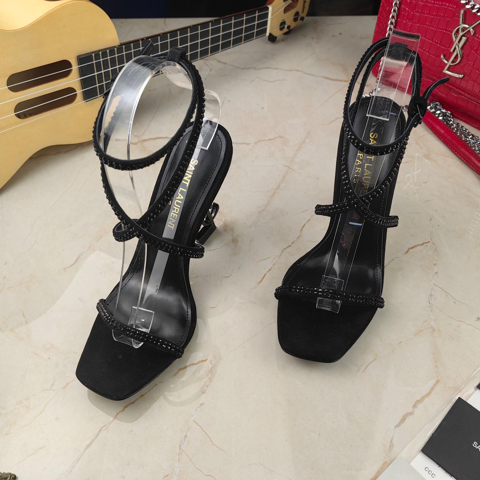 Saint Laurent Opyum Sandals In Crepe Satin And Rhinestones  - FashionPlug