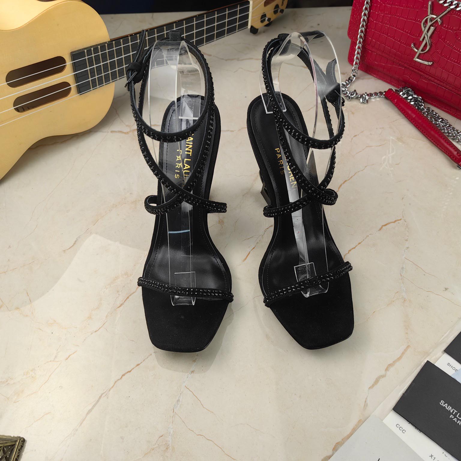 Saint Laurent Opyum Sandals In Crepe Satin And Rhinestones  - FashionPlug
