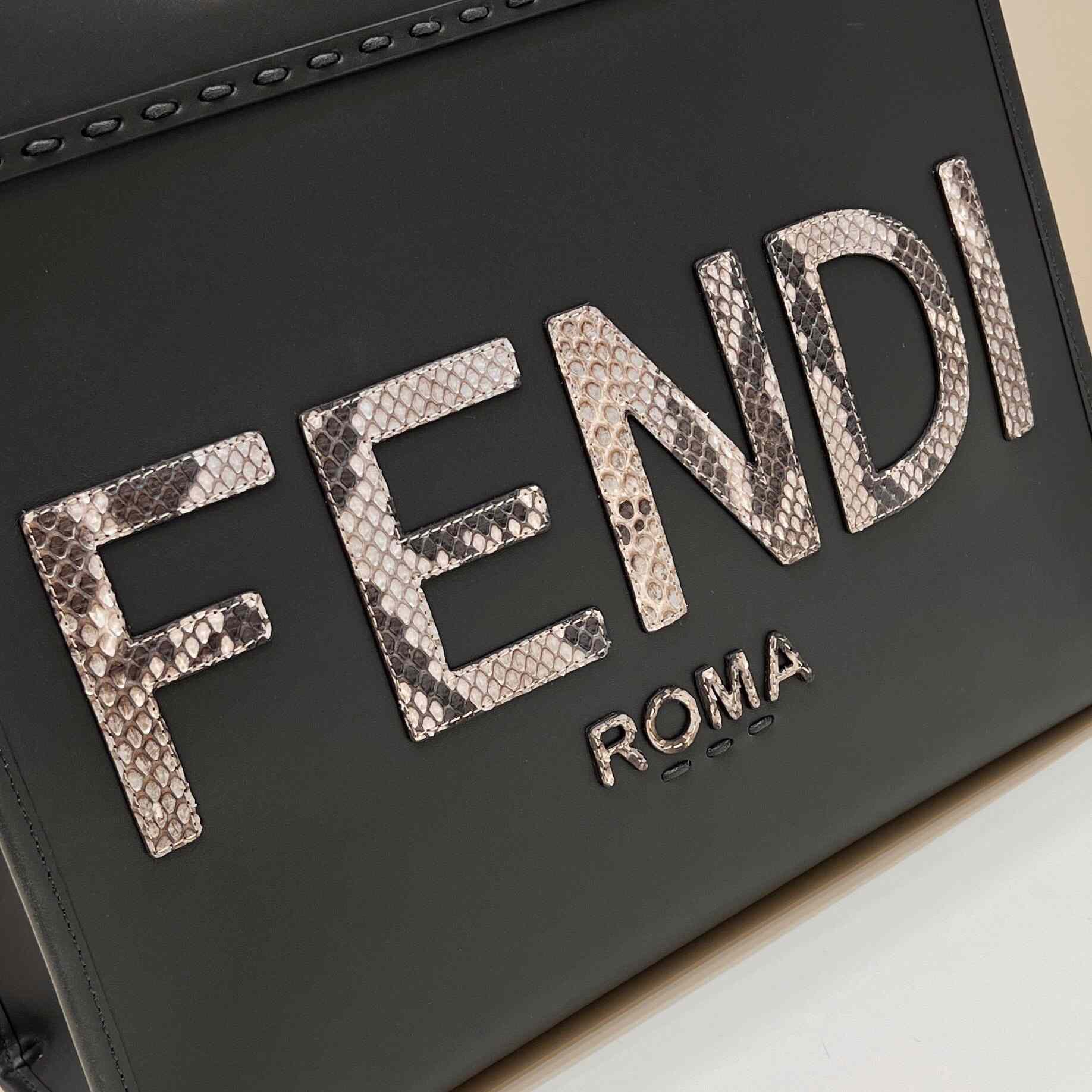Fendi Sunshine Medium Dark Gray Leather And Elaphe Shopper - FashionPlug