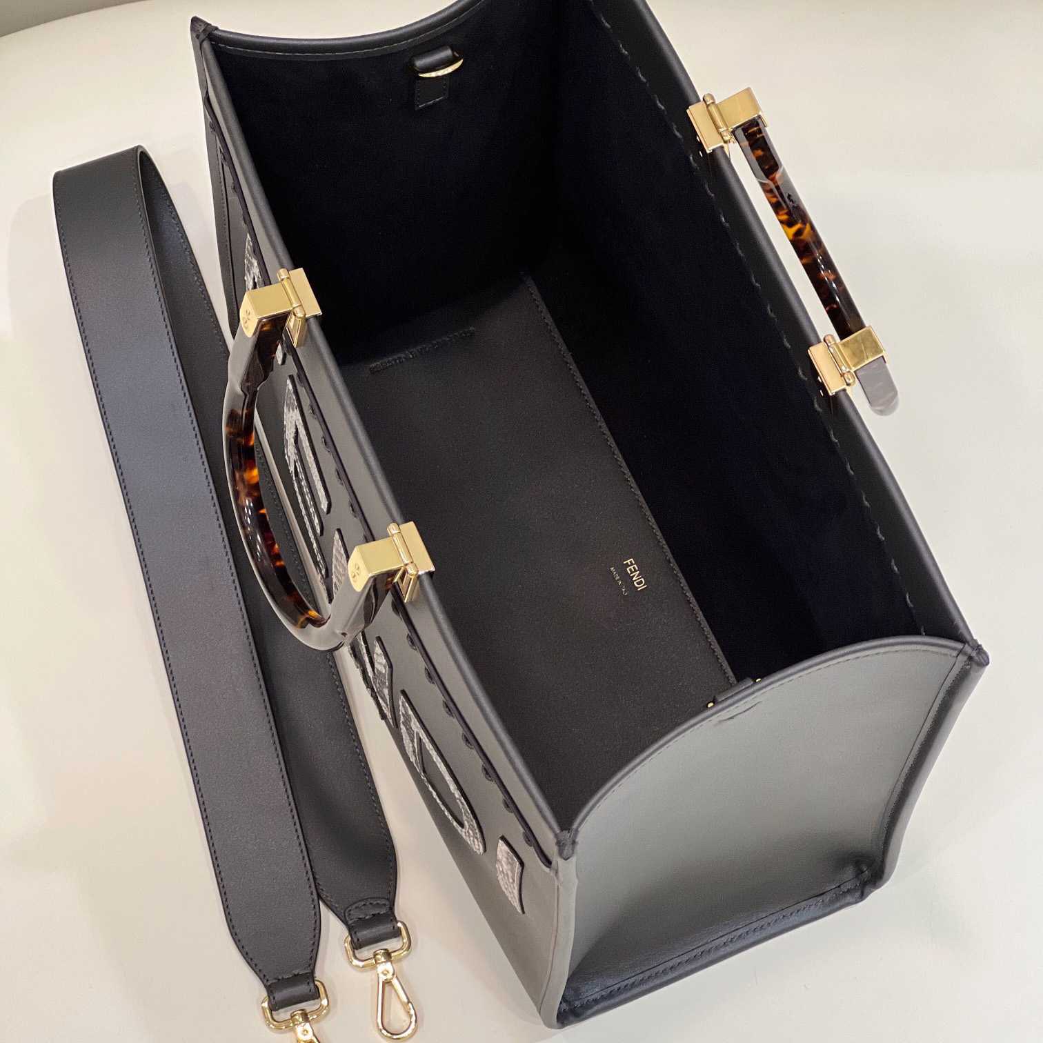 Fendi Sunshine Medium Dark Gray Leather And Elaphe Shopper - FashionPlug