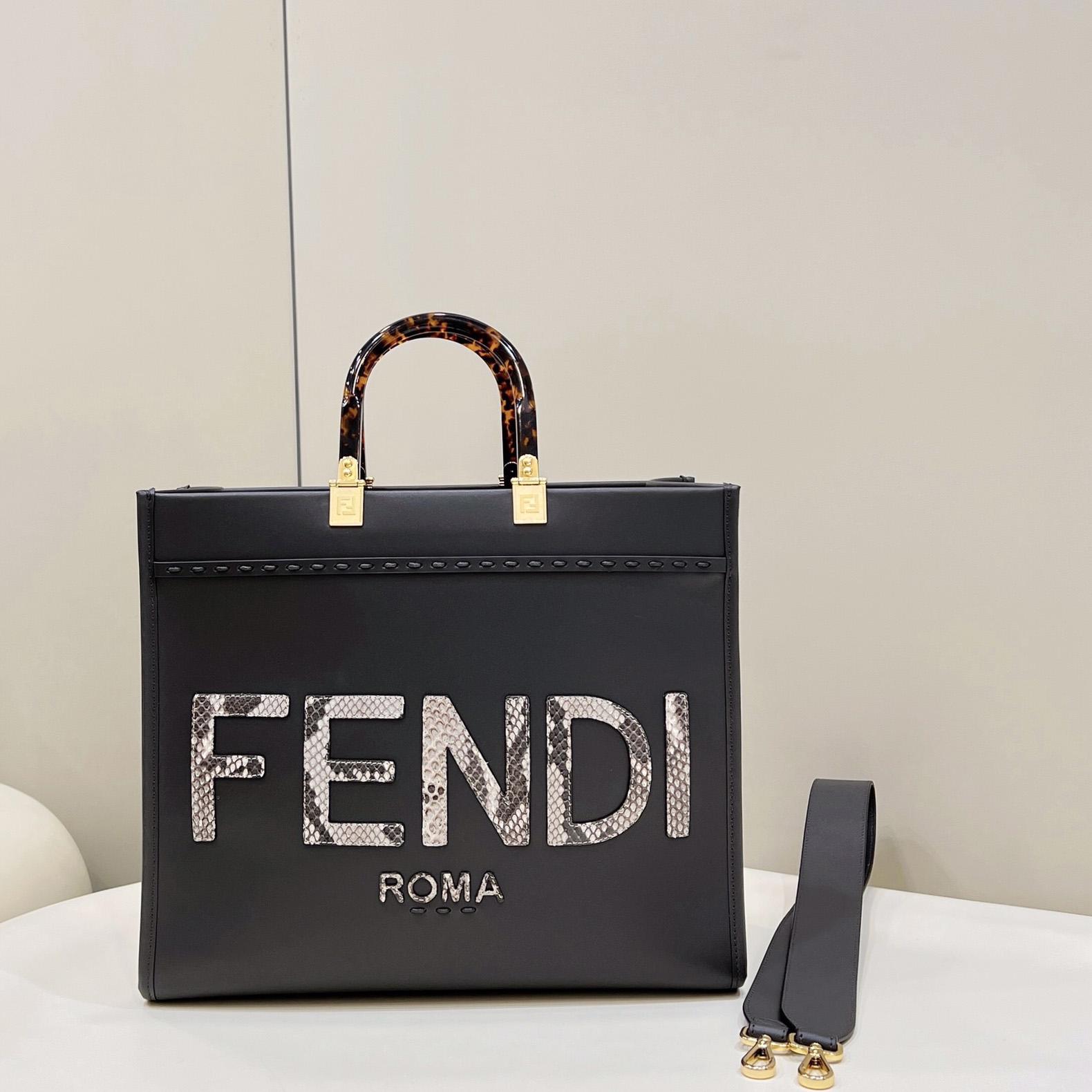 Fendi Sunshine Medium Dark Gray Leather And Elaphe Shopper - FashionPlug